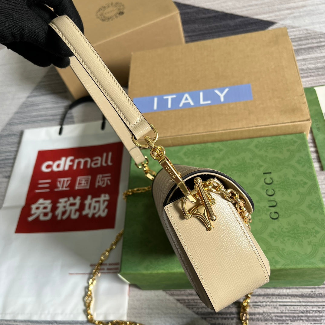 Gucci Horsebit 1955 Bag 24 in White Canvas and Beige Calfskin