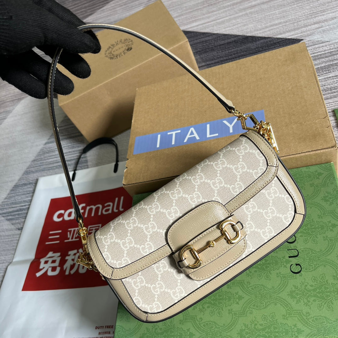 Gucci Horsebit 1955 Bag 24 in White Canvas and Beige Calfskin