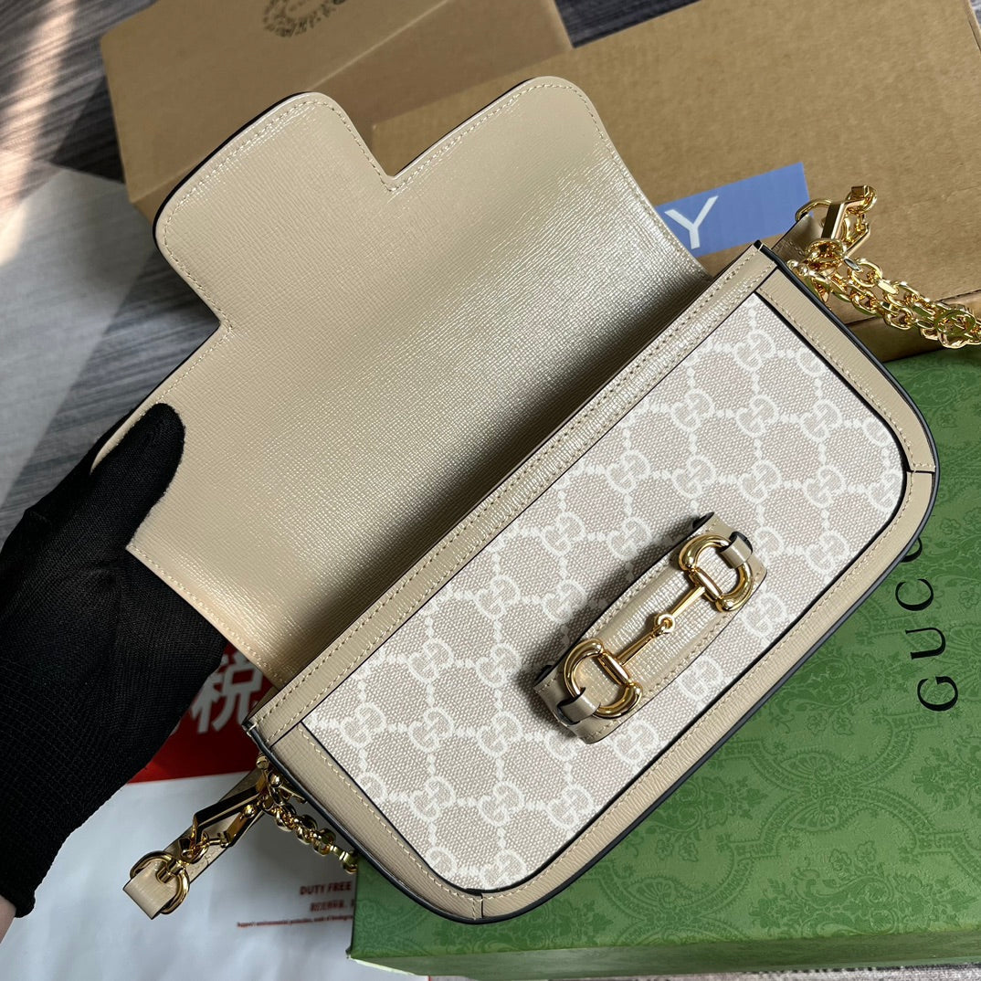 Gucci Horsebit 1955 Bag 24 in White Canvas and Beige Calfskin