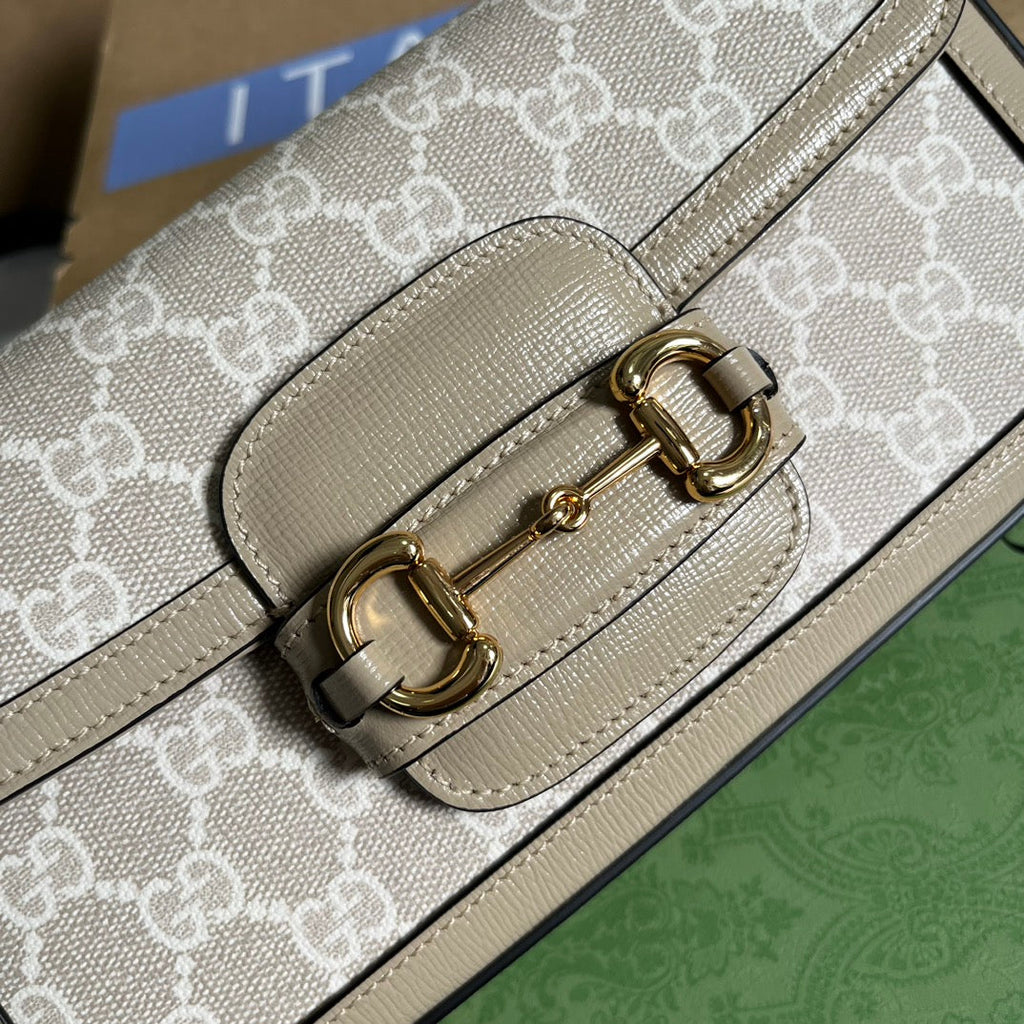 Gucci Horsebit 1955 Bag 24 in White Canvas and Beige Calfskin