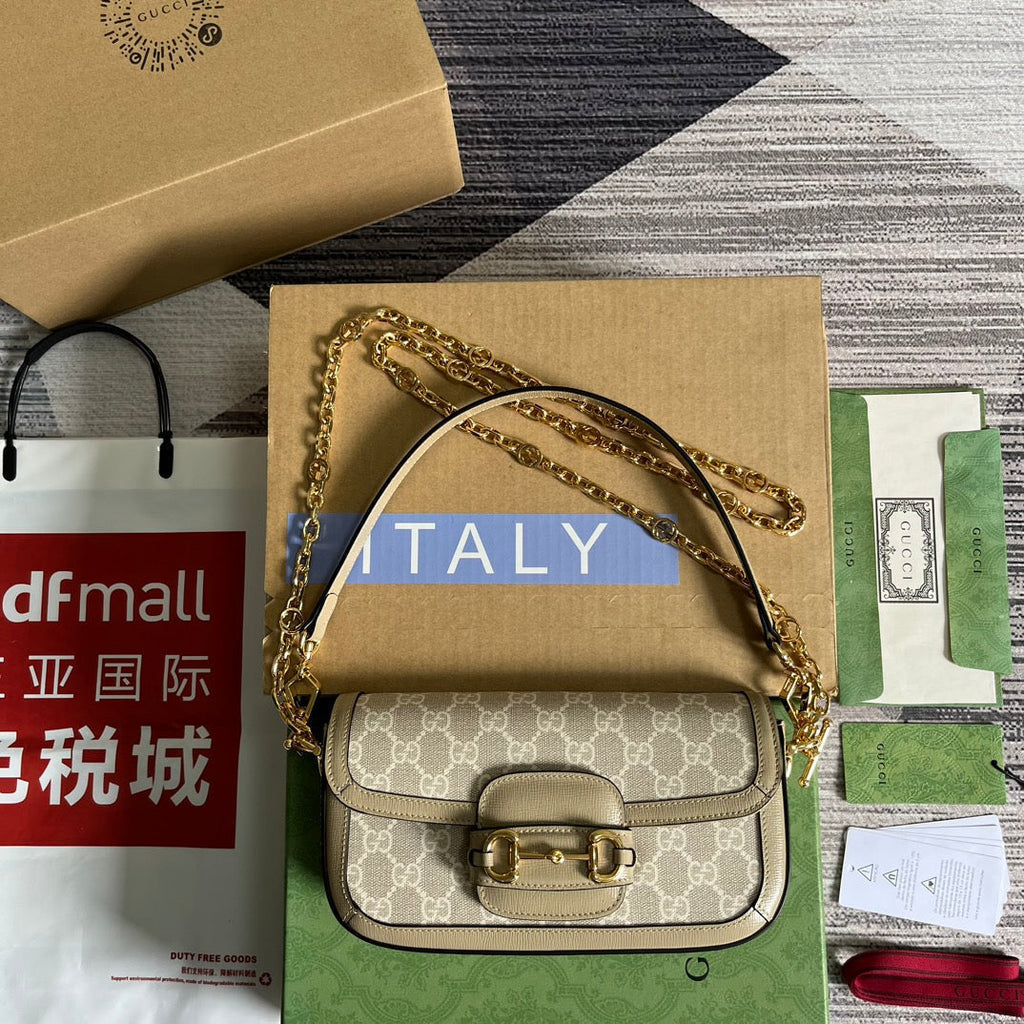 Gucci Horsebit 1955 Bag 24 in White Canvas and Beige Calfskin