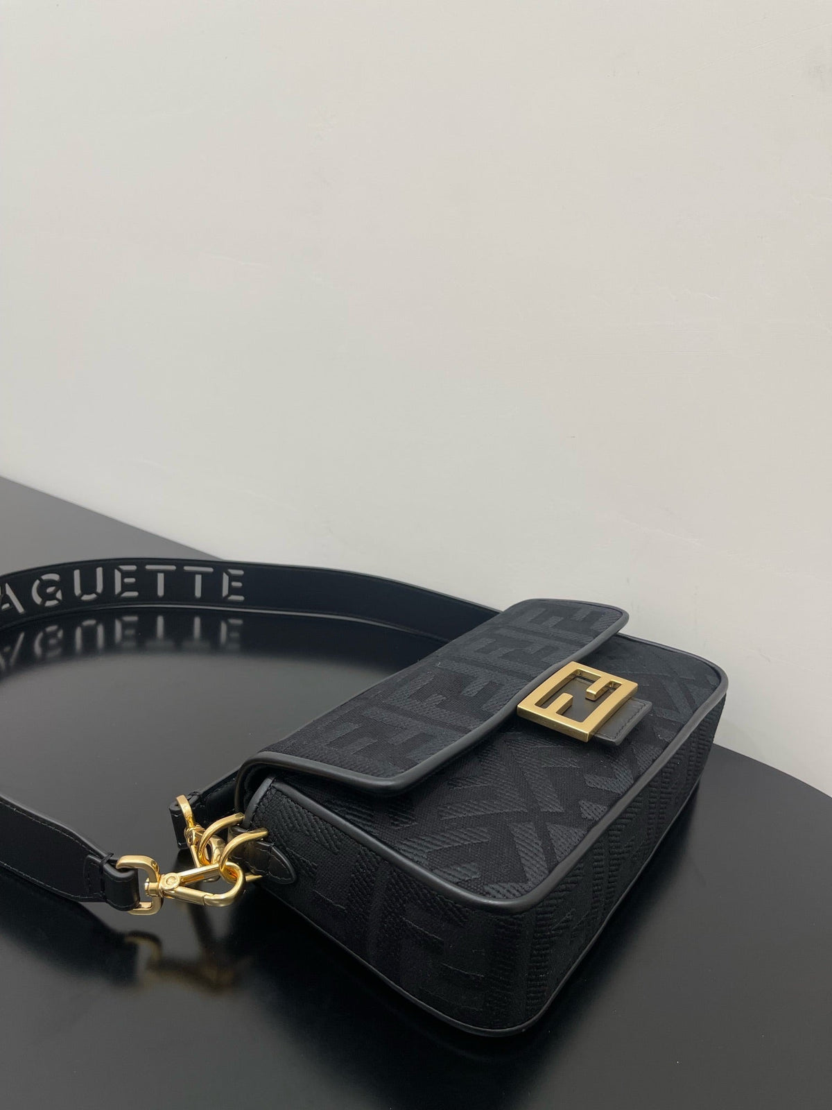 Fendi 26 Baguette Black Nappa Leather Bag with Gold Hardware