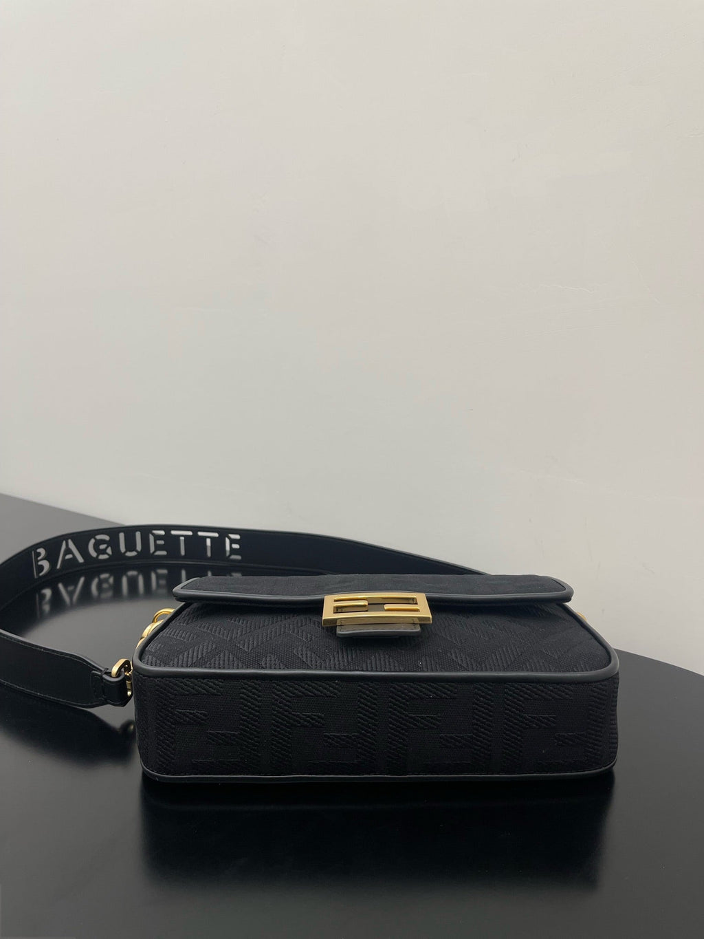 Fendi 26 Baguette Black Nappa Leather Bag with Gold Hardware