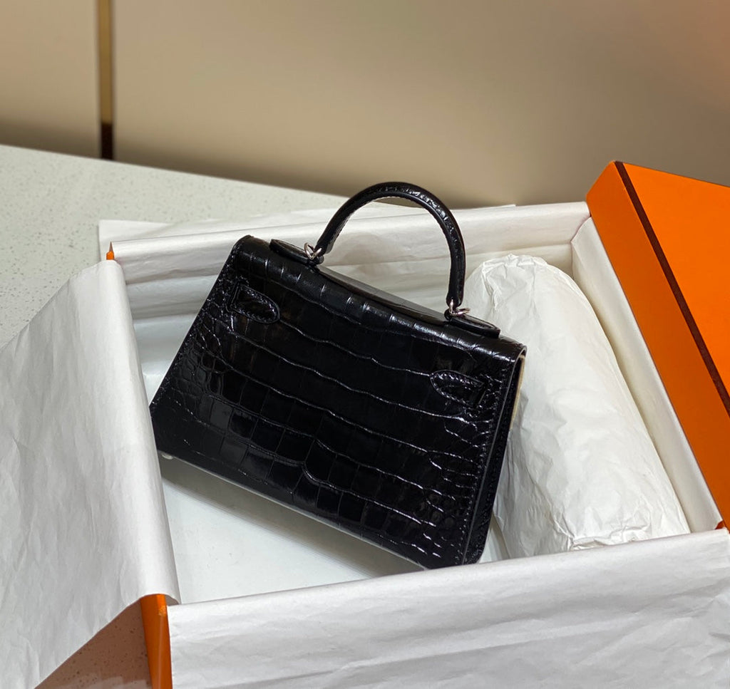 Hermes 25S Mini Kelly 19 in Black Calfskin Silver Hardware Bag