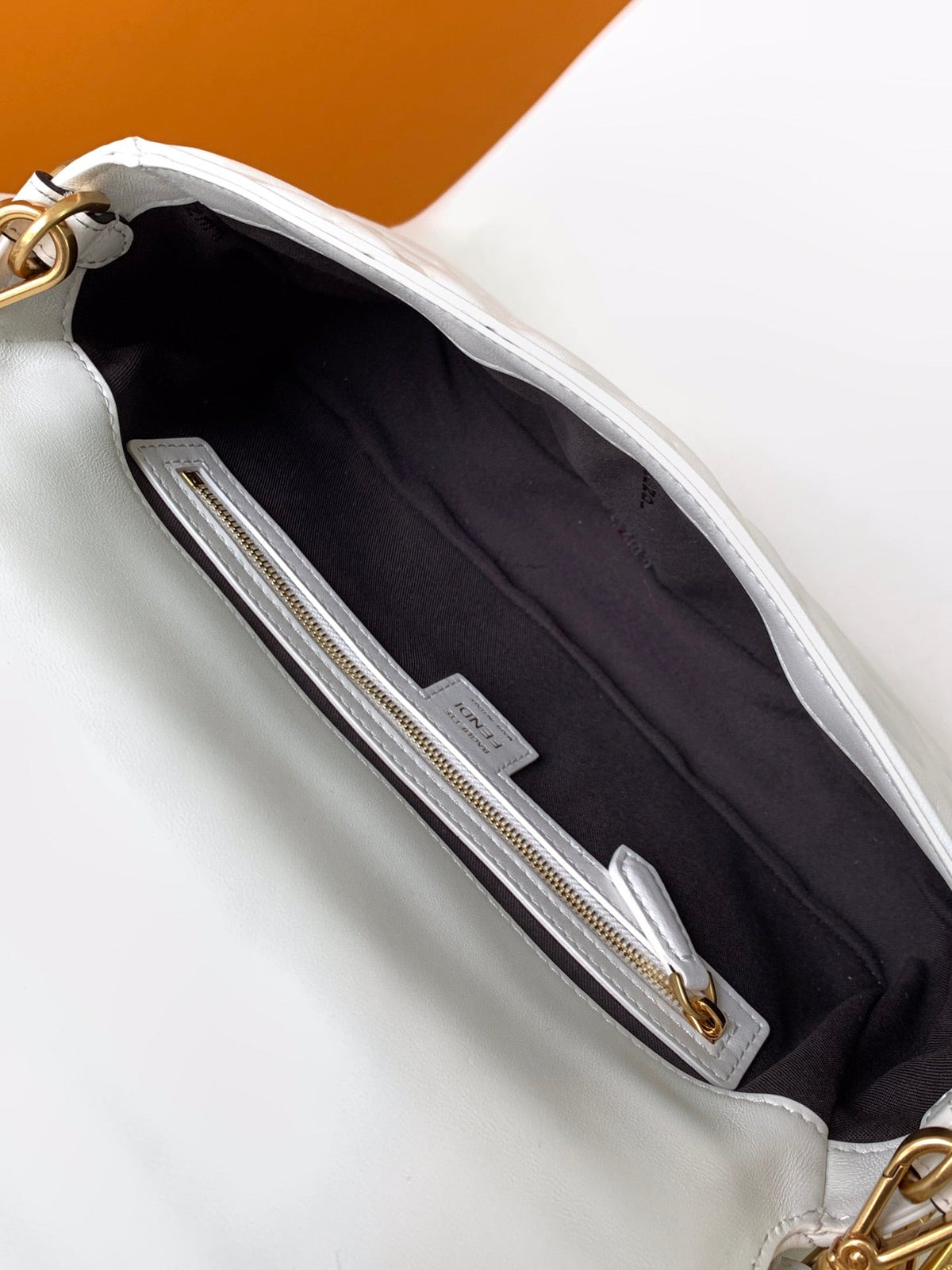 Fend Baguette 27 Bag with Ff Motif White Leather Ghw