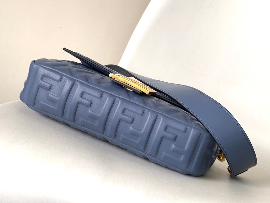 Fend Baguette 27 Bag with Ff Motif Blue Leather Ghw