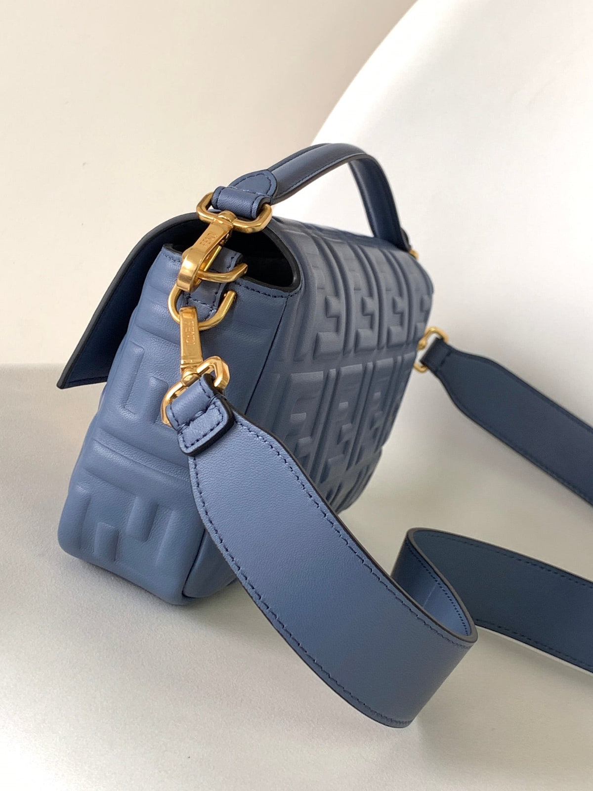 Fend Baguette 27 Bag with Ff Motif Blue Leather Ghw