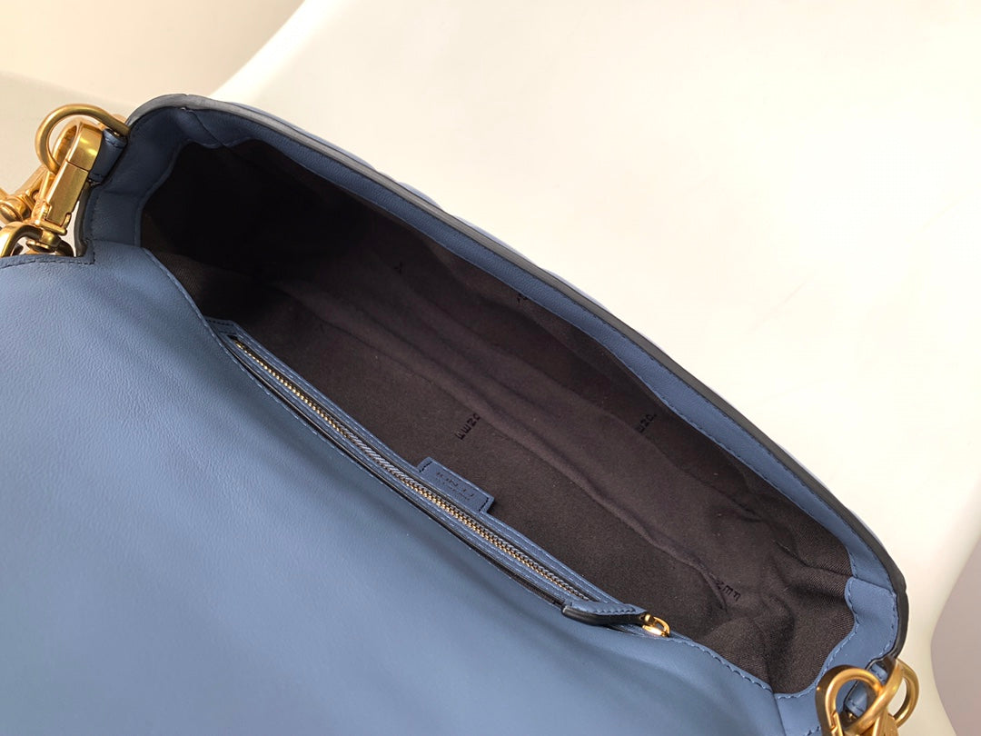 Fend Baguette 27 Bag with Ff Motif Blue Leather Ghw