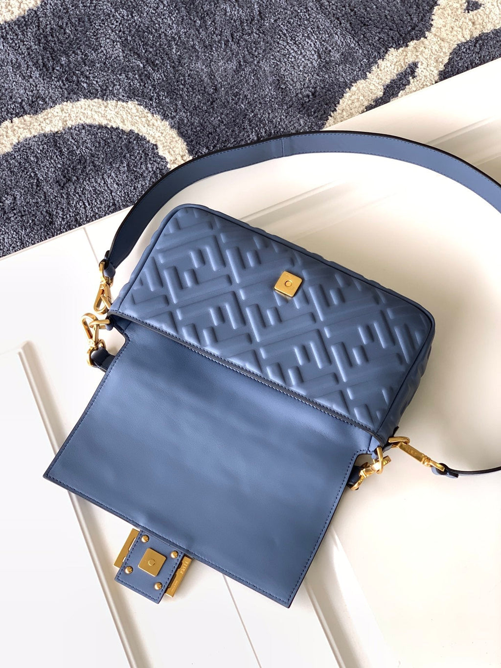 Fend Baguette 27 Bag with Ff Motif Blue Leather Ghw