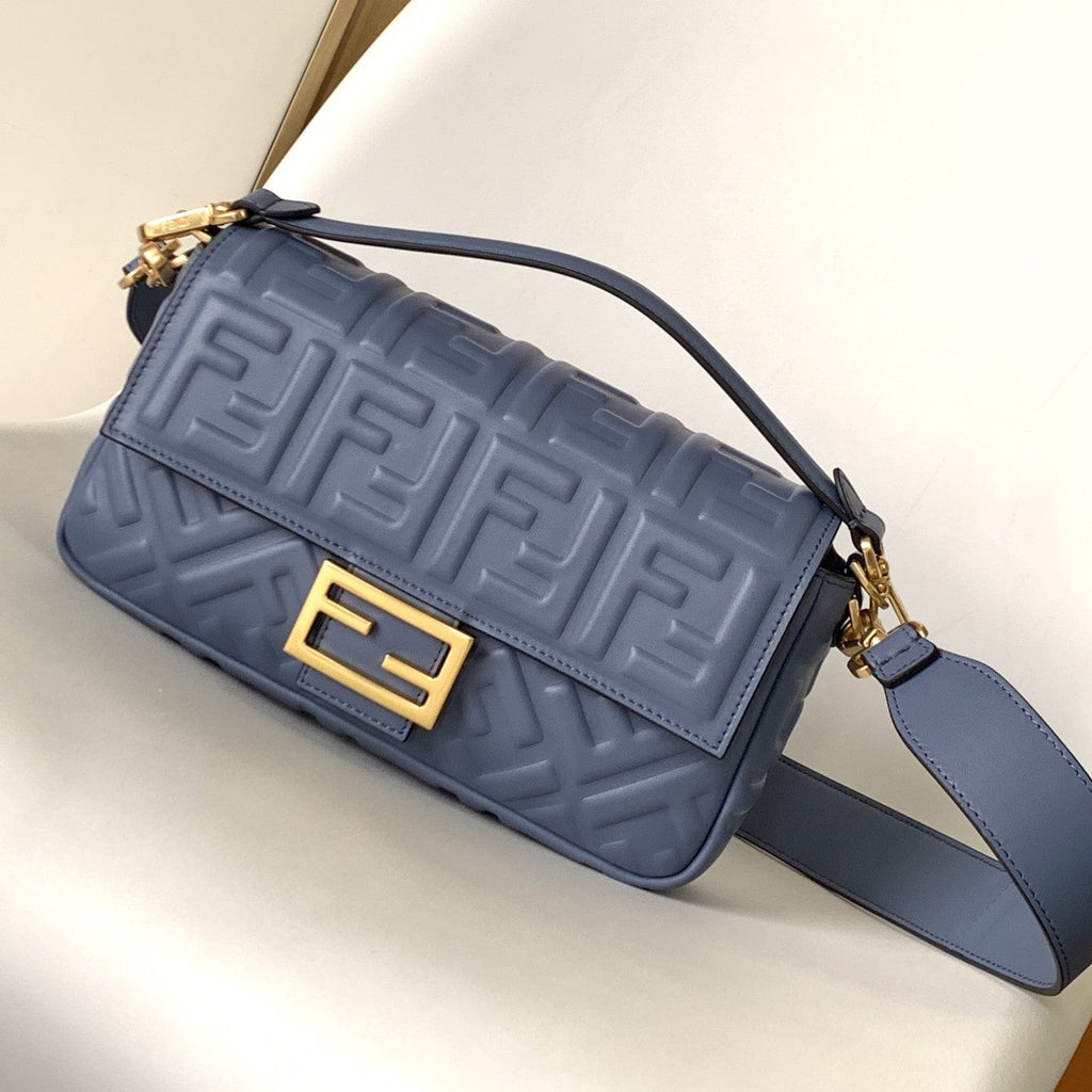 Fend Baguette 27 Bag with Ff Motif Blue Leather Ghw