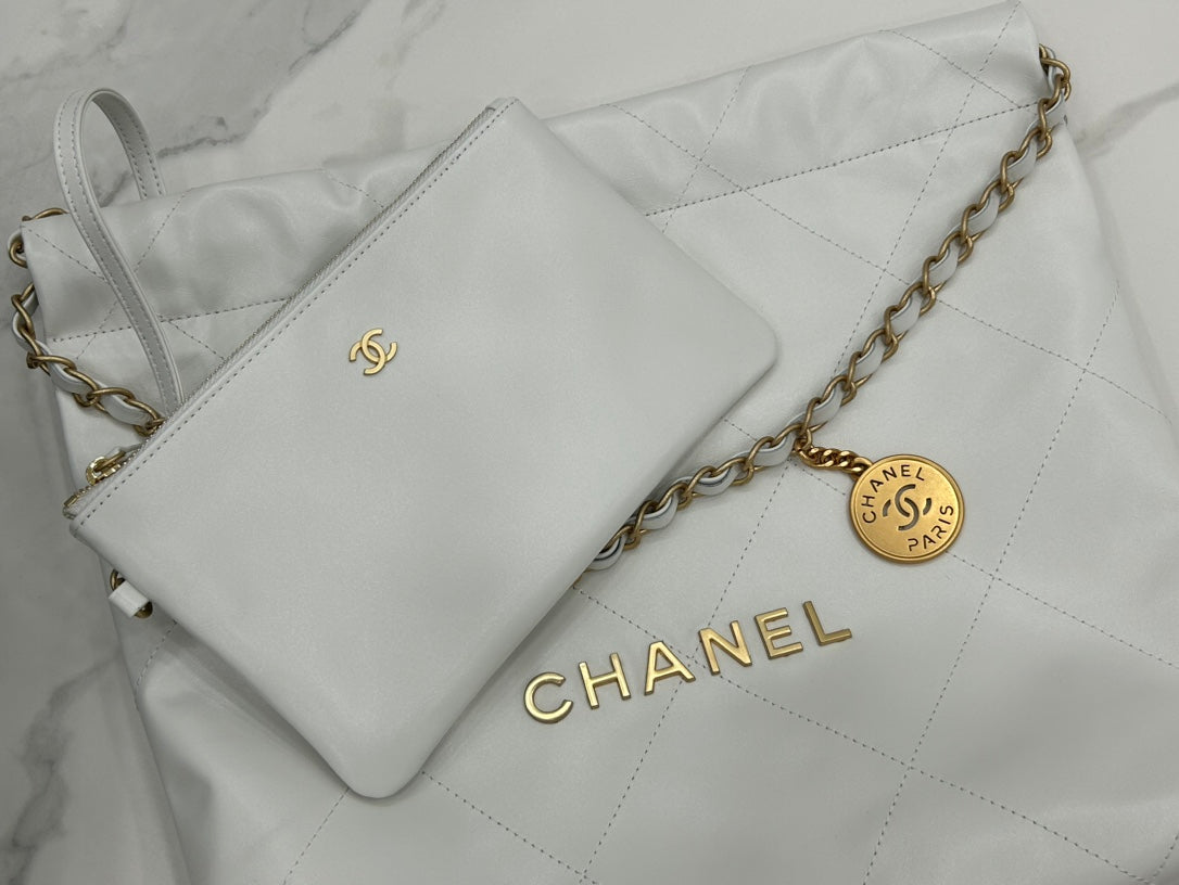 Chanel Medium 37 Handbag in White Calfskin Gold Hardware