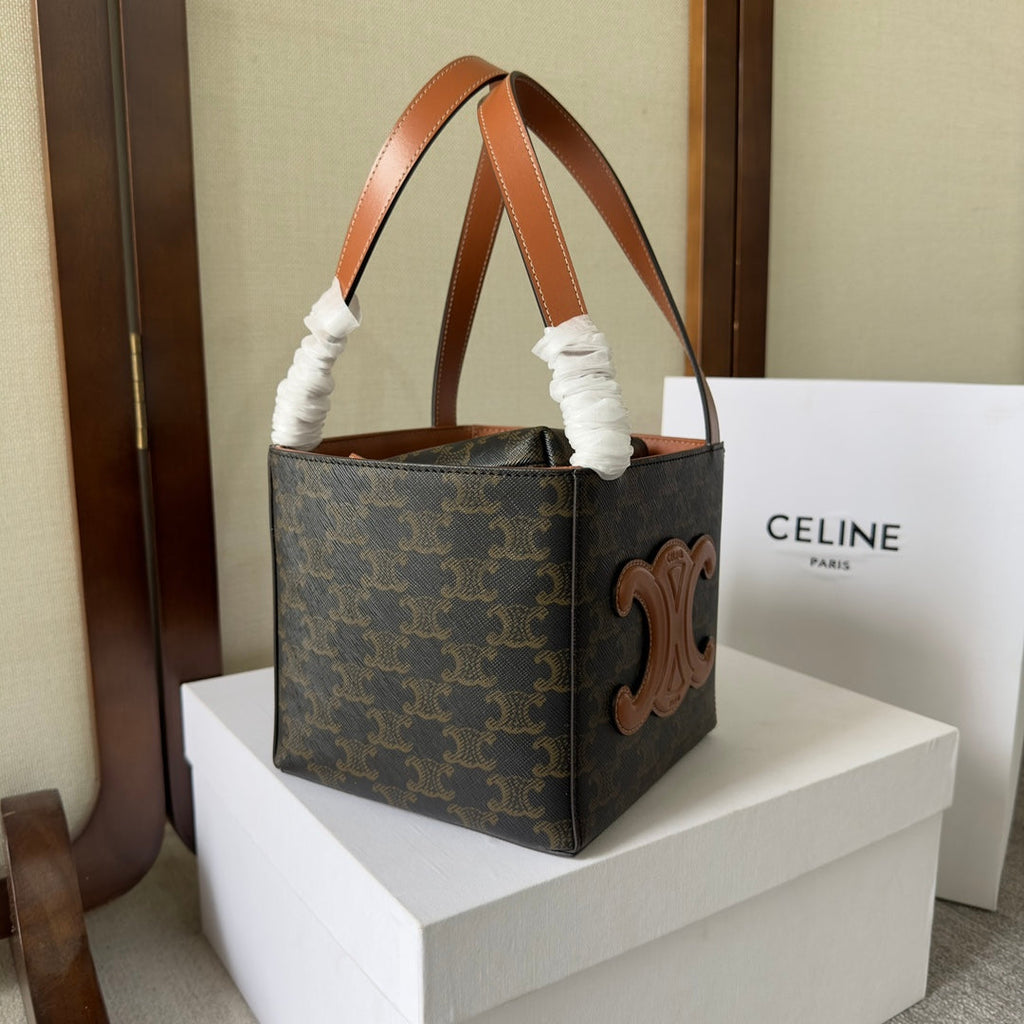 Celine Cube Bag 15 in Black Triomphe Canvas and Brown Calfskin