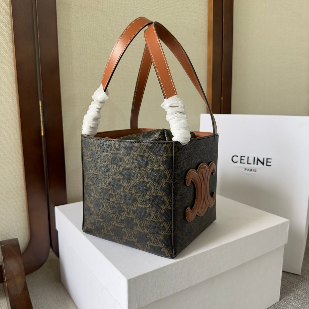 Celine Cube Bag 15 in Black Triomphe Canvas and Brown Calfskin