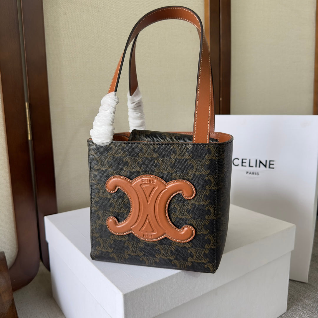 Celine Cube Bag 15 in Black Triomphe Canvas and Brown Calfskin