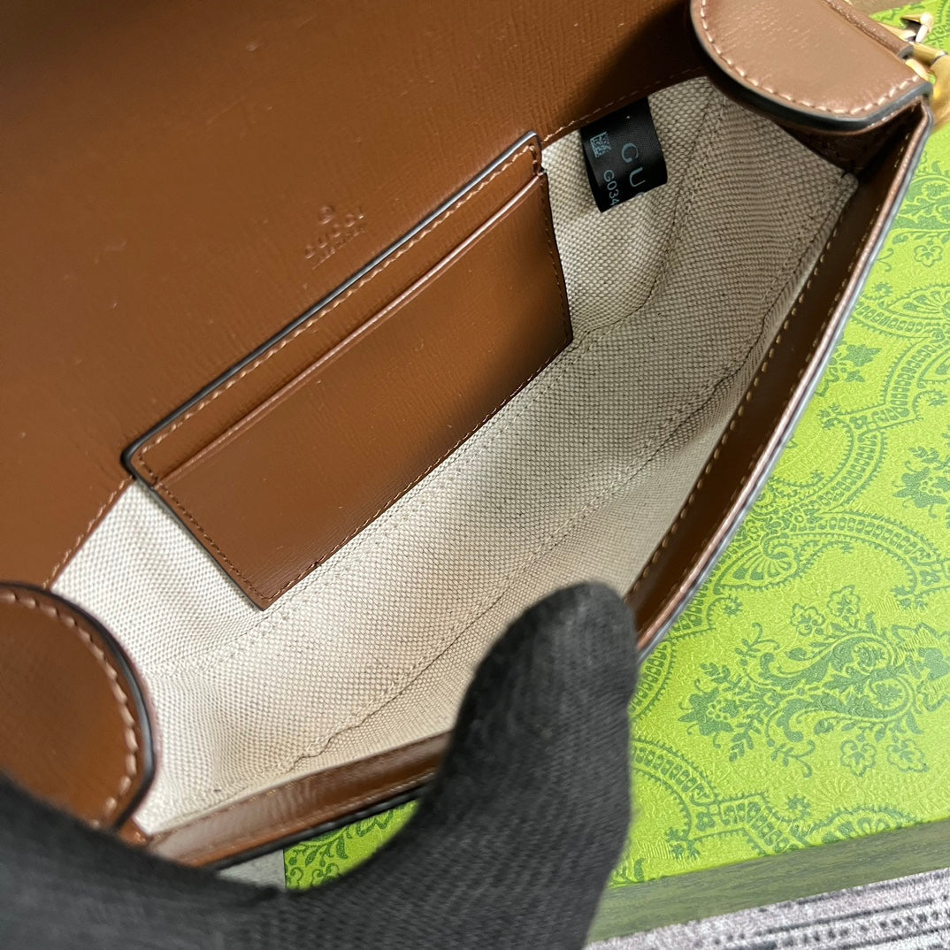 Gucci Mini 13 Handbag in Beige Canvas and Brown Calfskin