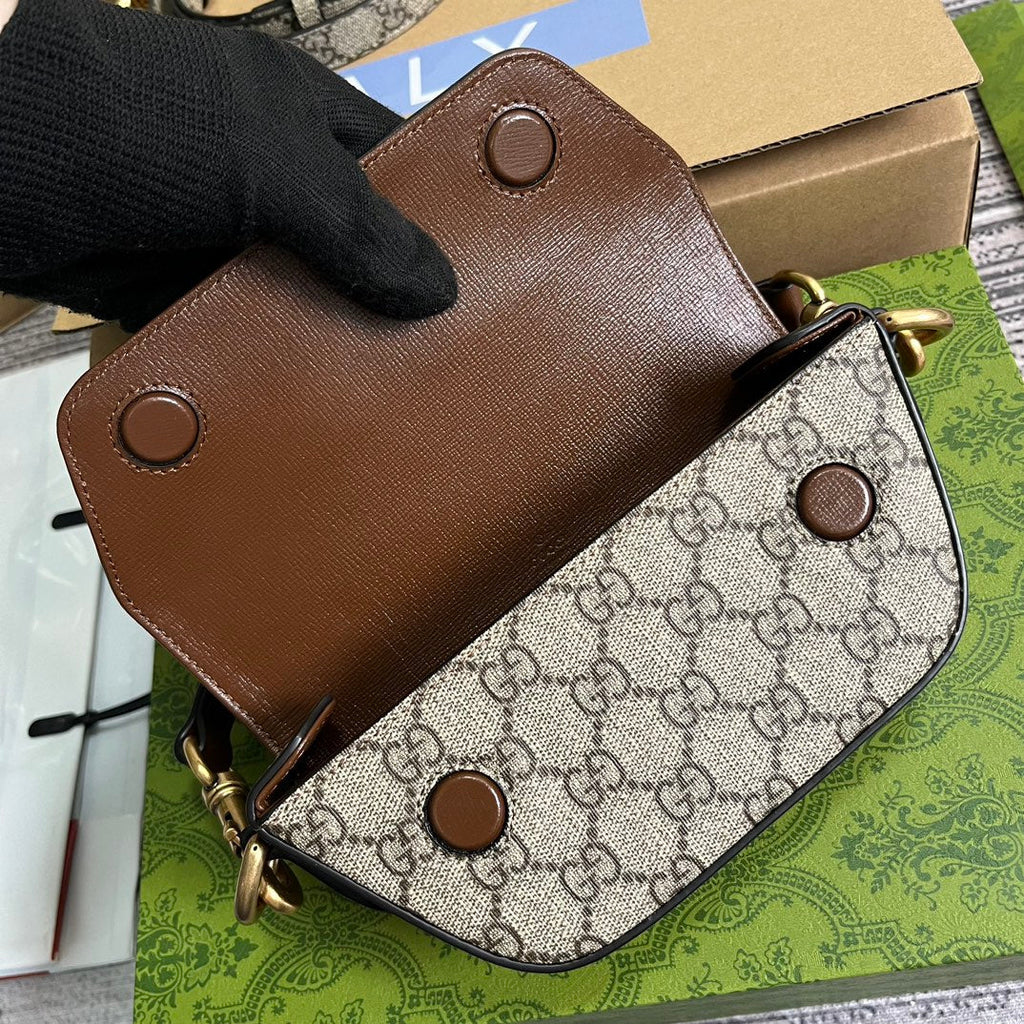 Gucci Mini 13 Handbag in Beige Canvas and Brown Calfskin