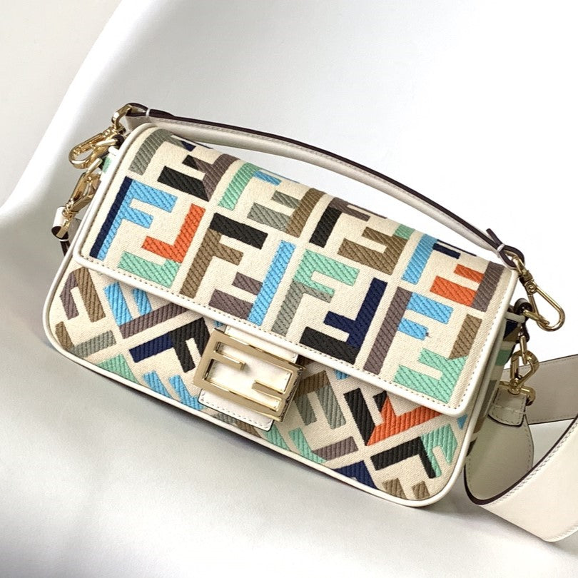 Fend Baguette White and Multicolour Canvas Bag 27 with Ff Embroidery Ghw
