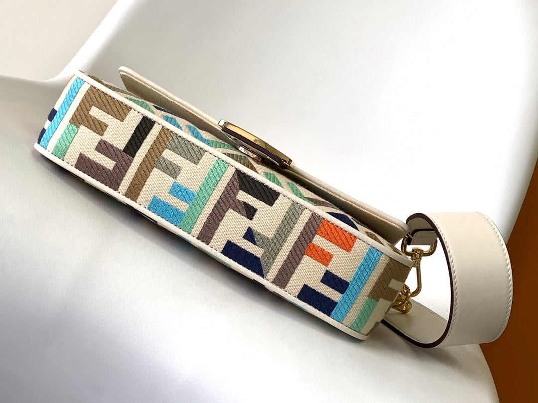 Fend Baguette White and Multicolour Canvas Bag 27 with Ff Embroidery Ghw