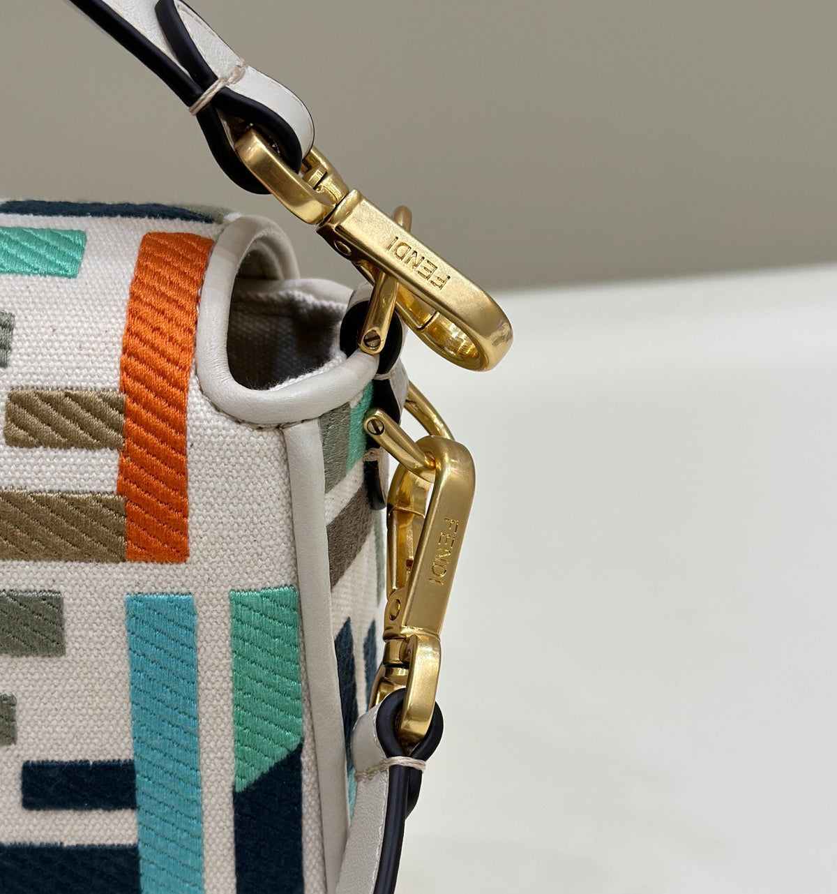 Baguette Canvas 27 Bag White Strap with Multicolour Embroidery Gold Hardware