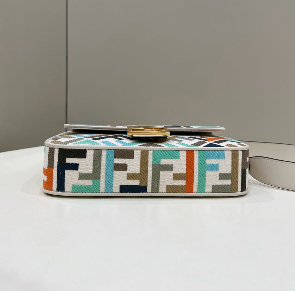 Baguette Canvas 27 Bag White Strap with Multicolour Embroidery Gold Hardware