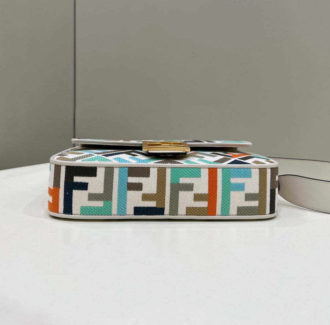 Baguette Canvas 27 Bag White Strap with Multicolour Embroidery Gold Hardware