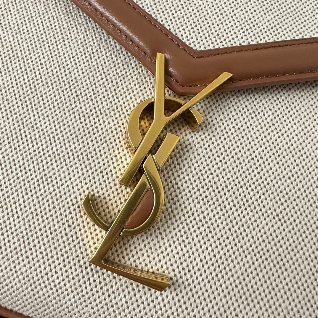 Saint Laurent Cassandra 20 White Cotton Linen and Brown Calfskin Bag