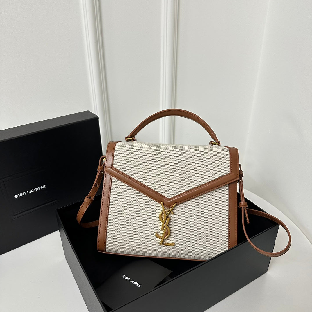 Saint Laurent Cassandra 20 White Cotton Linen and Brown Calfskin Bag