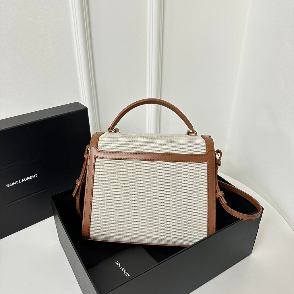 Saint Laurent Cassandra 20 White Cotton Linen and Brown Calfskin Bag