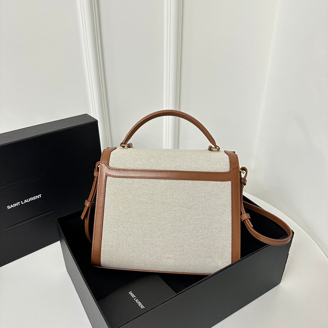 Saint Laurent Cassandra 20 White Cotton Linen and Brown Calfskin Bag