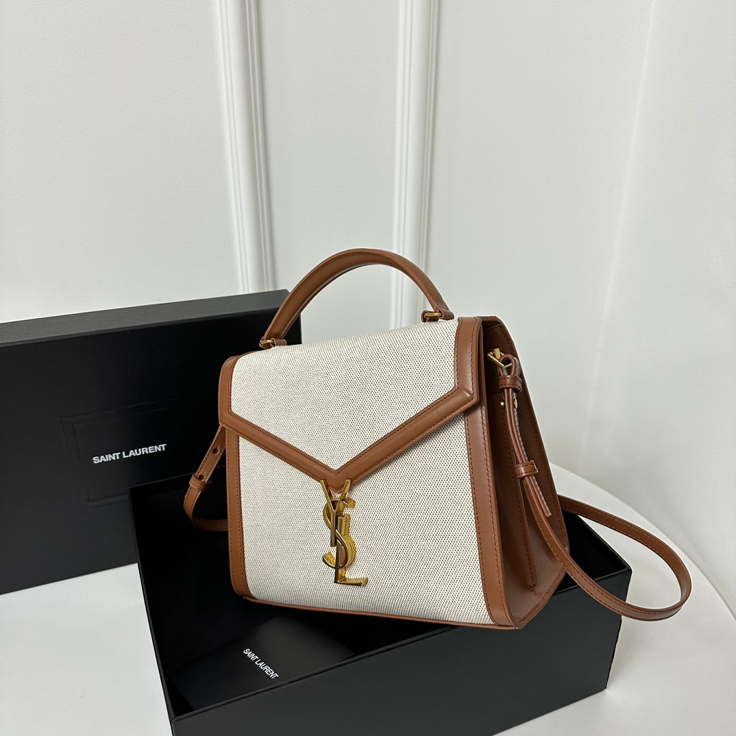 Saint Laurent Cassandra 20 White Cotton Linen and Brown Calfskin Bag
