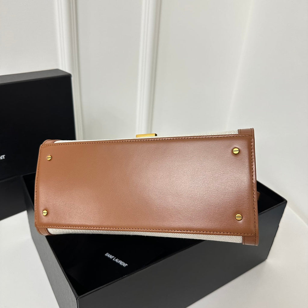 Saint Laurent Cassandra 20 White Cotton Linen and Brown Calfskin Bag