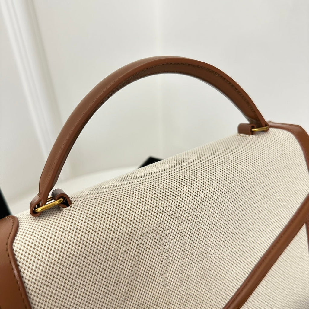 Saint Laurent Cassandra 20 White Cotton Linen and Brown Calfskin Bag