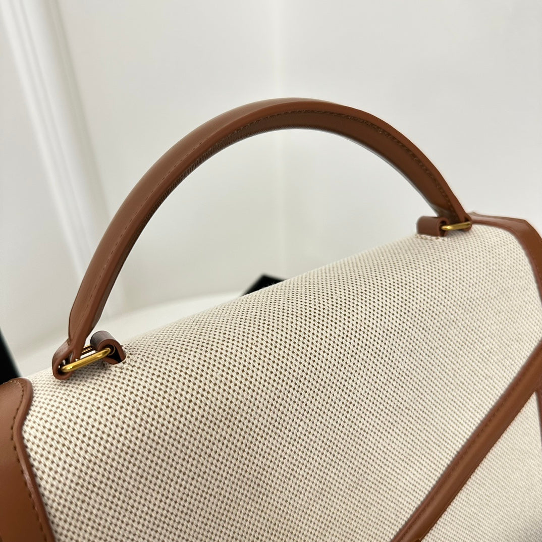 Saint Laurent Cassandra 20 White Cotton Linen and Brown Calfskin Bag