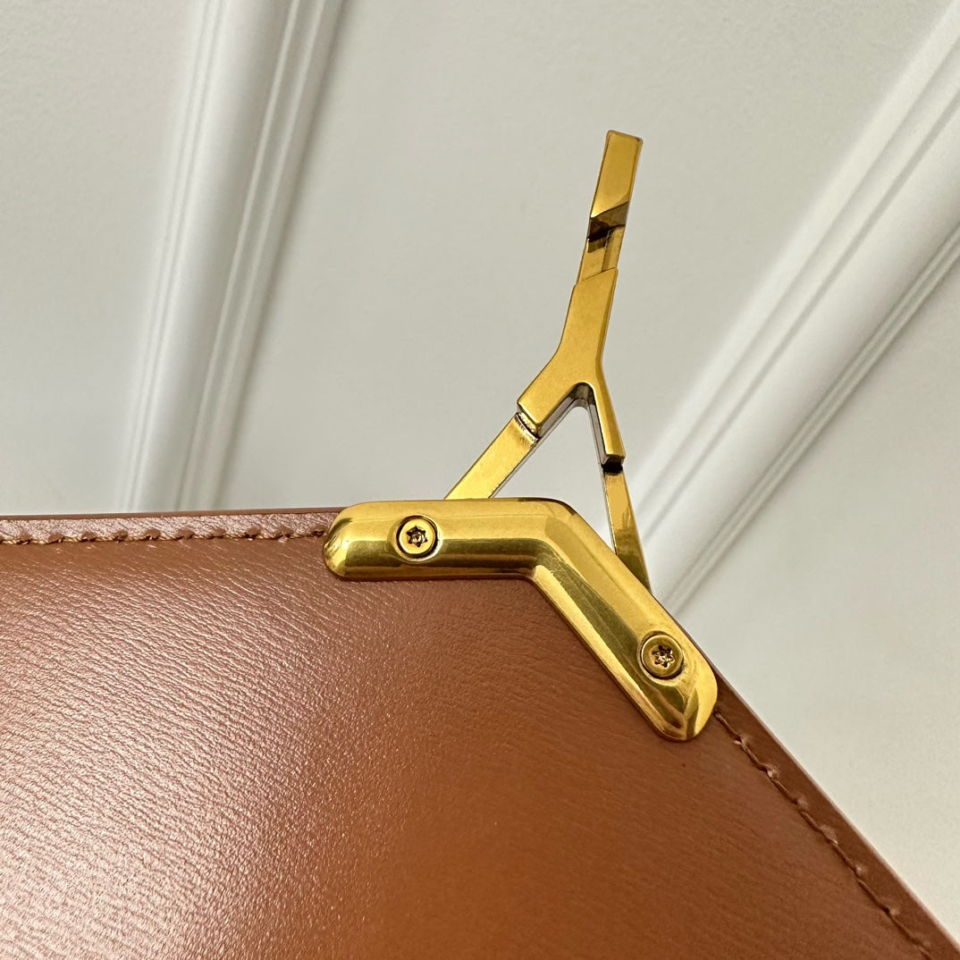 Saint Laurent Cassandra 20 White Cotton Linen and Brown Calfskin Bag
