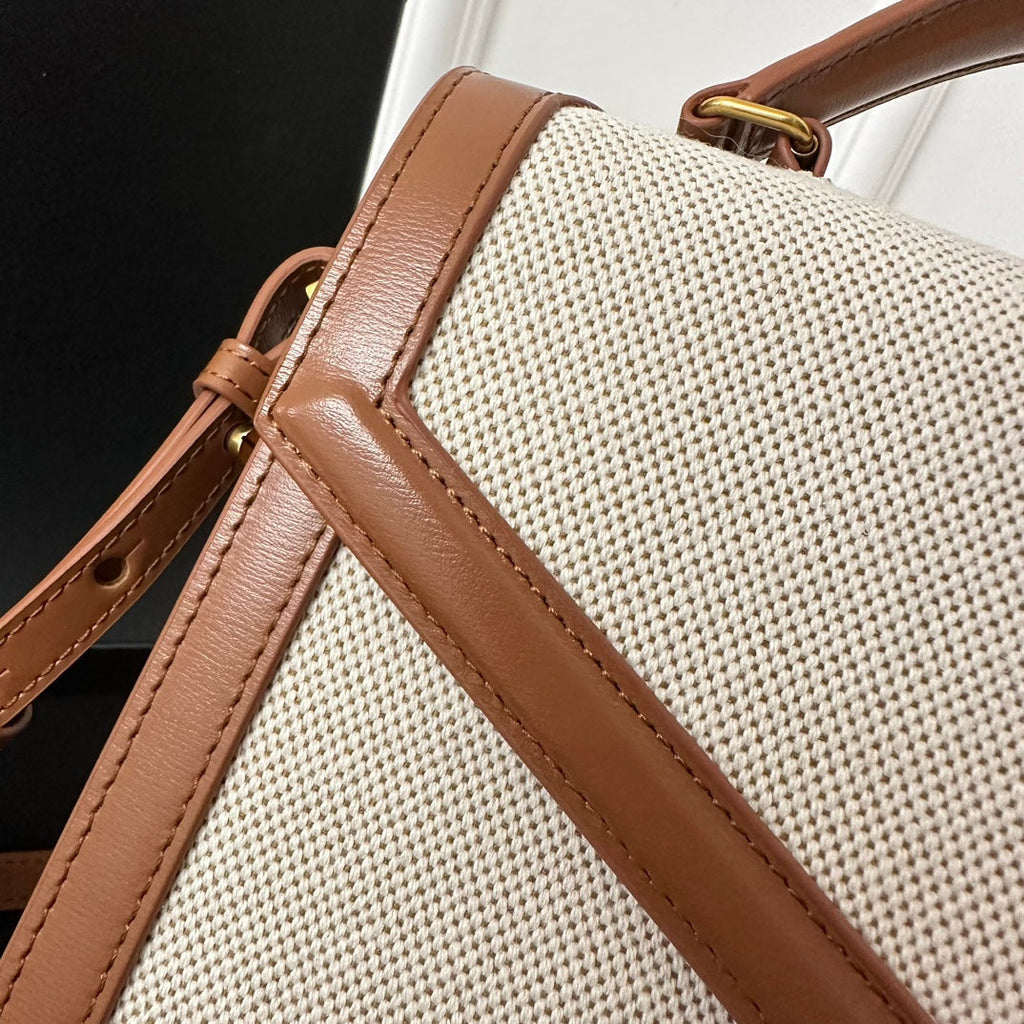 Saint Laurent Cassandra 20 White Cotton Linen and Brown Calfskin Bag