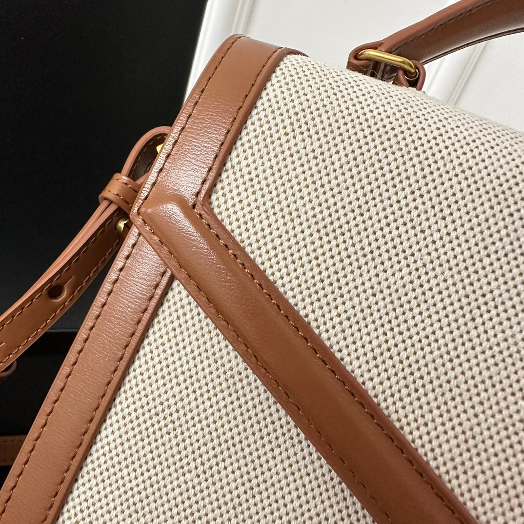 Saint Laurent Cassandra 20 White Cotton Linen and Brown Calfskin Bag