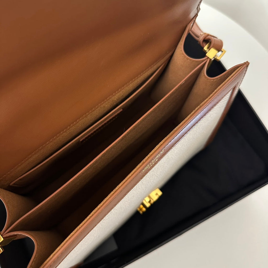 Saint Laurent Cassandra 20 White Cotton Linen and Brown Calfskin Bag