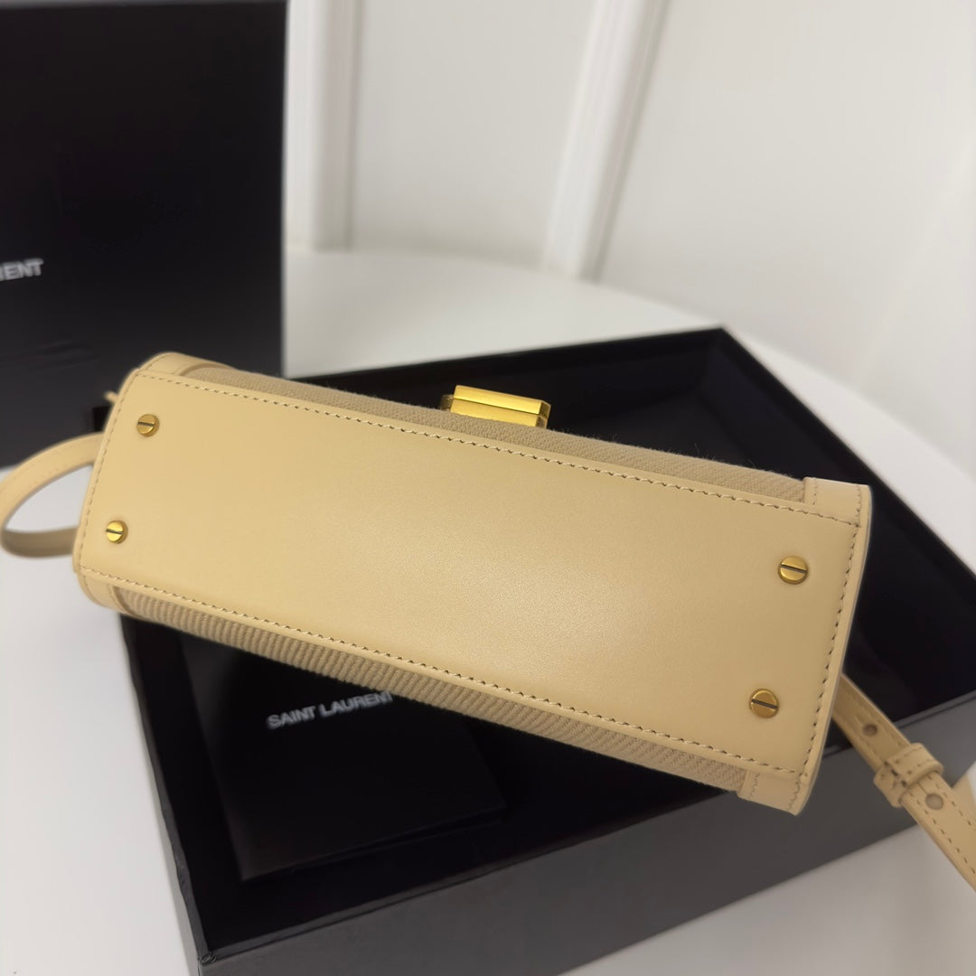 Saint Laurent Cassandra 20 Beicream Cotton Linen and Calfskin Bag