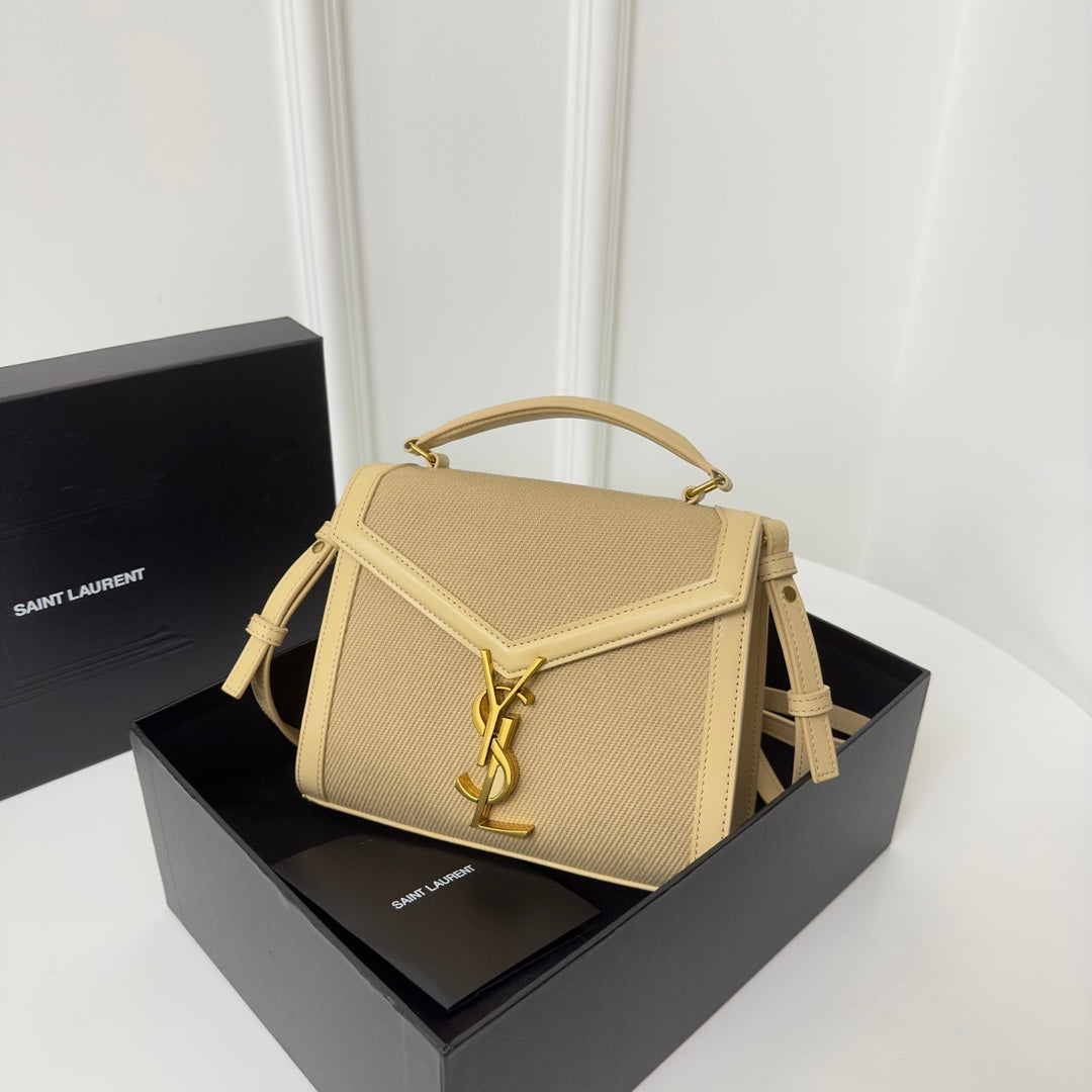 Saint Laurent Cassandra 20 Beicream Cotton Linen and Calfskin Bag