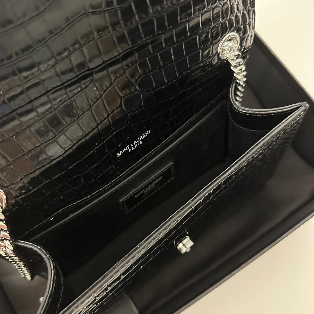 Saint Laurent Kate Tassel 20 Black Crocodile Pattern Calfskin with Silver Logo Bag