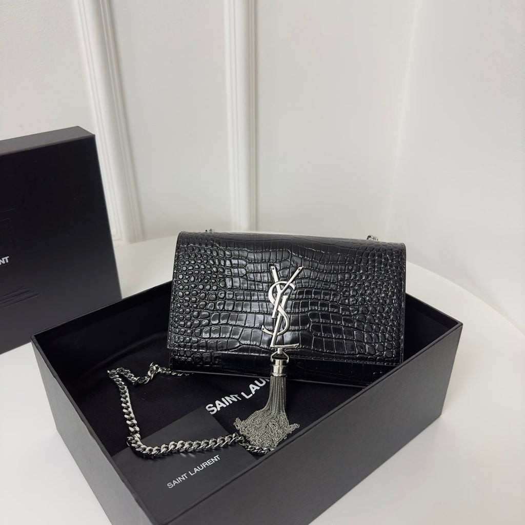 Saint Laurent Kate Tassel 20 Black Crocodile Pattern Calfskin with Silver Logo Bag