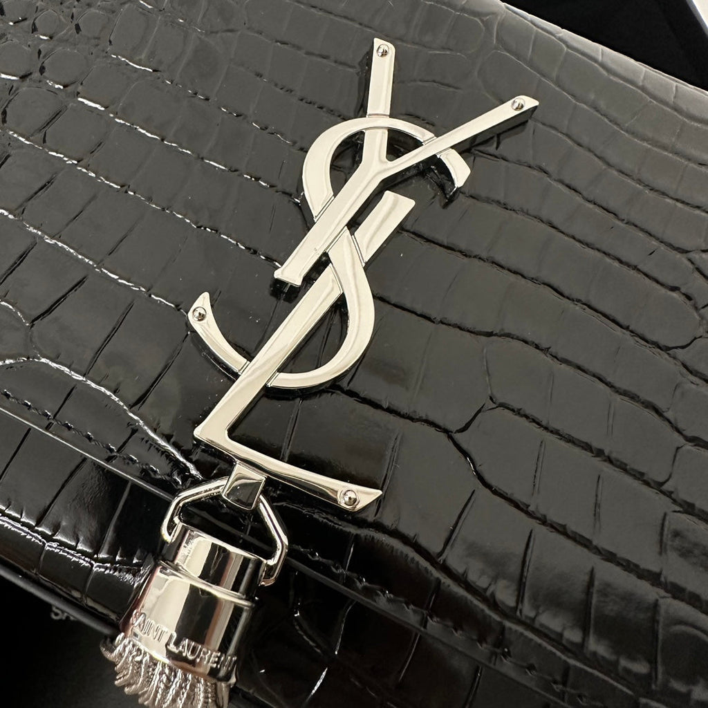 Saint Laurent Kate Tassel 20 Black Crocodile Pattern Calfskin with Silver Logo Bag