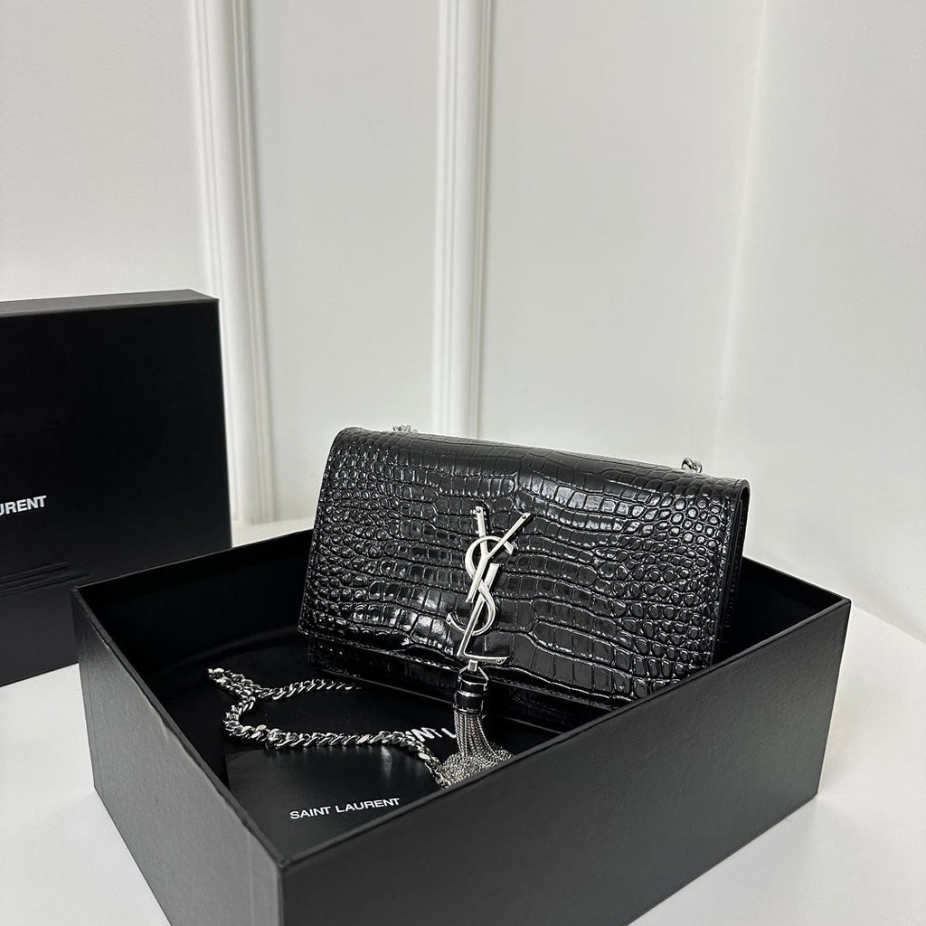 Saint Laurent Kate Tassel 20 Black Crocodile Pattern Calfskin with Silver Logo Bag