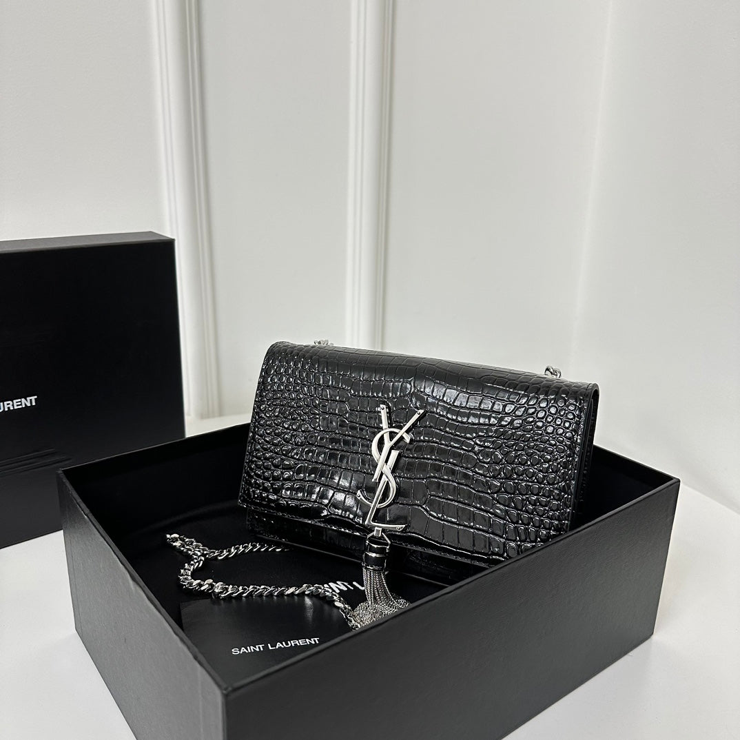 Saint Laurent Kate Tassel 20 Black Crocodile Pattern Calfskin with Silver Logo Bag
