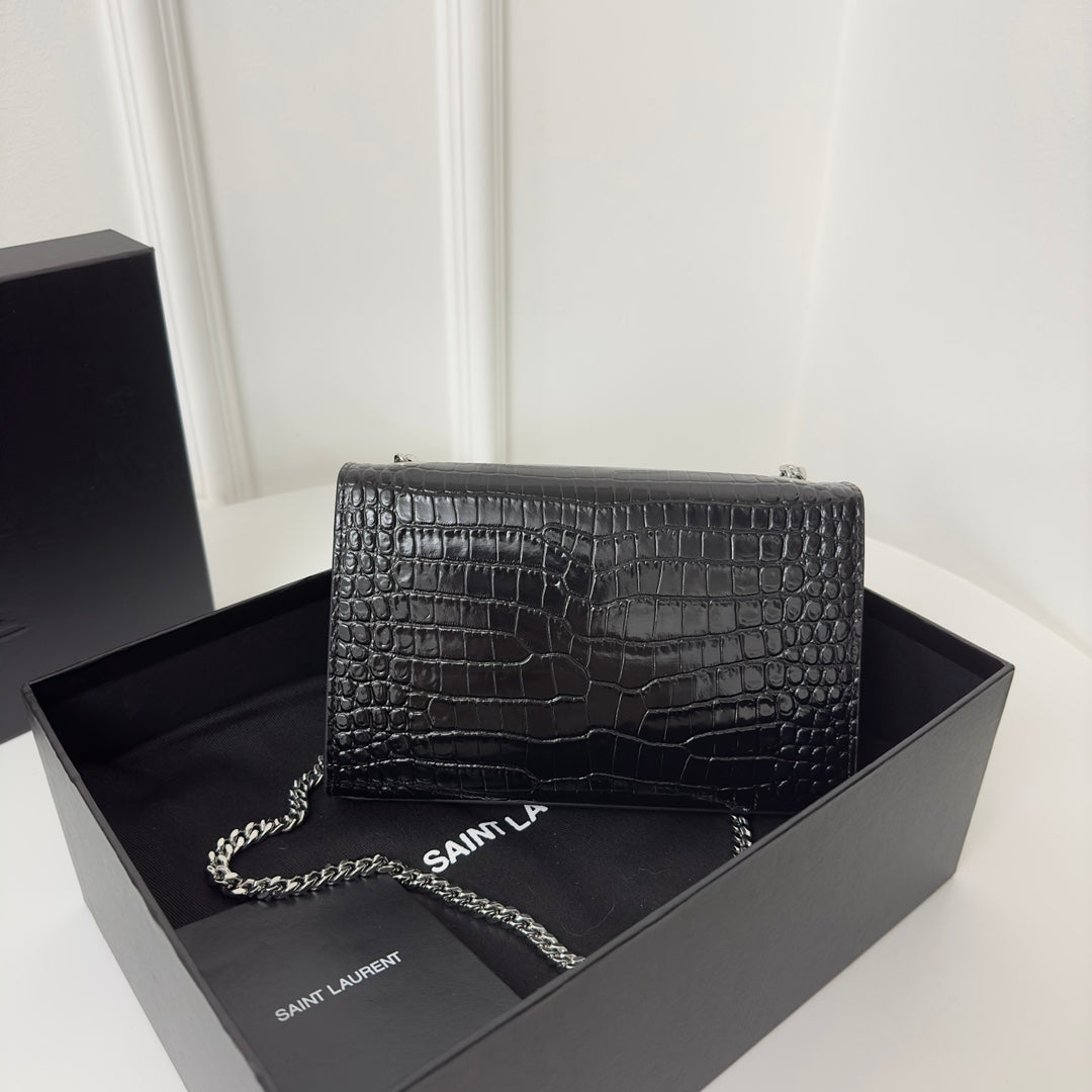 Saint Laurent Kate Tassel 20 Black Crocodile Pattern Calfskin with Silver Logo Bag