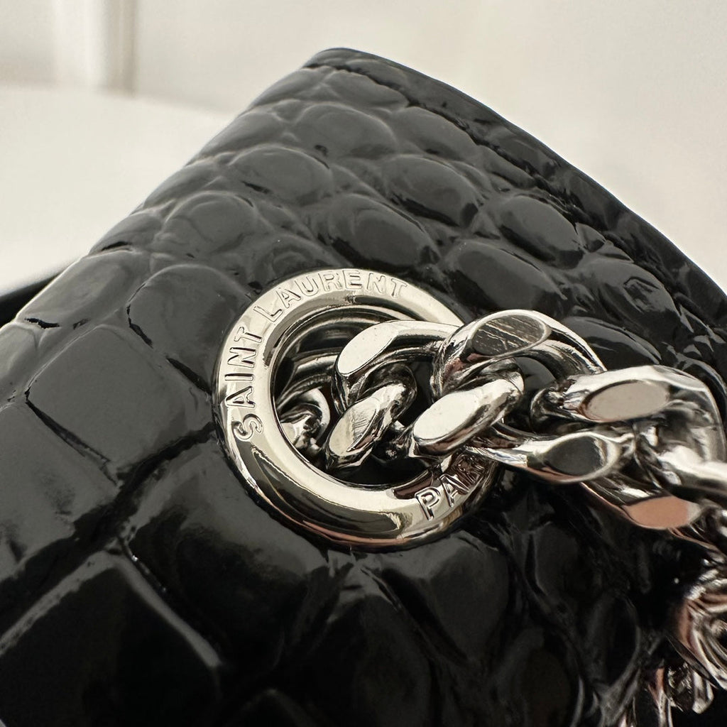 Saint Laurent Kate Tassel 20 Black Crocodile Pattern Calfskin with Silver Logo Bag