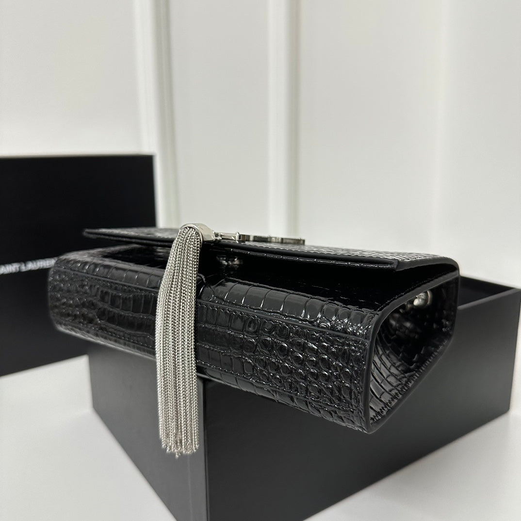 Saint Laurent Kate Tassel 20 Black Crocodile Pattern Calfskin with Silver Logo Bag