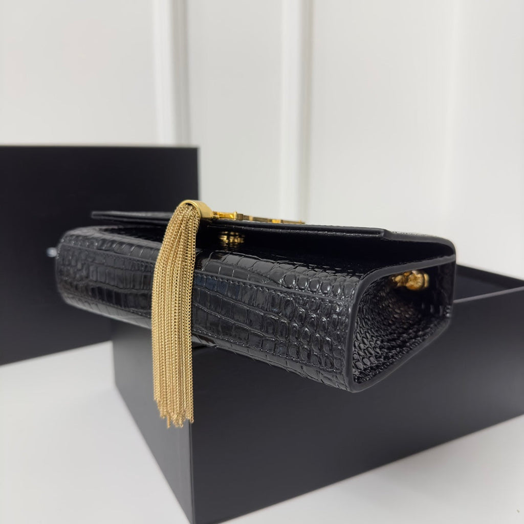 Saint Laurent Kate Tassel 20 Black Crocodile Pattern Calfskin with Gold Logo Bag