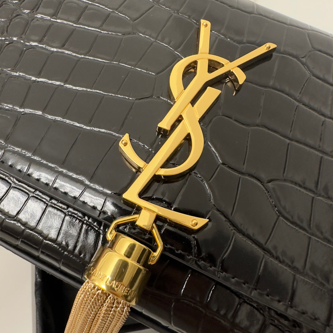 Saint Laurent Kate Tassel 20 Black Crocodile Pattern Calfskin with Gold Logo Bag