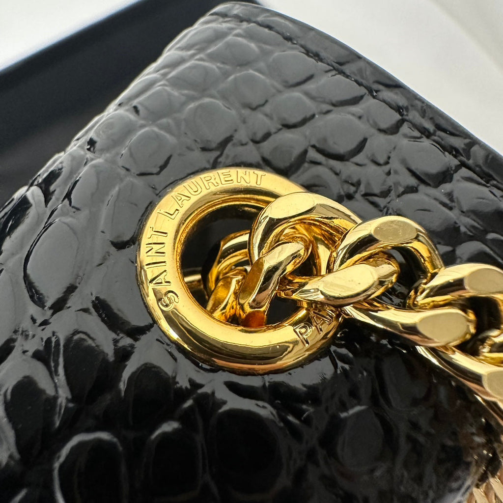 Saint Laurent Kate Tassel 20 Black Crocodile Pattern Calfskin with Gold Logo Bag